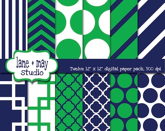 digital papers - navy and apple green geometric patterns 1 - INSTANT DOWNLOAD