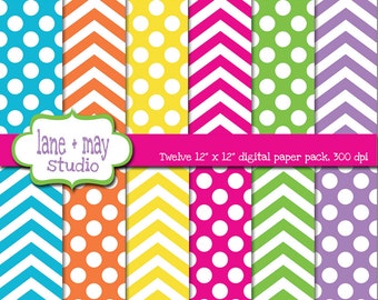 May include: Twelve 12-inch by 12-inch digital paper designs in a variety of colours and patterns, including polka dots and chevron stripes. The text "lane + may Studio" is visible at the top of the image.