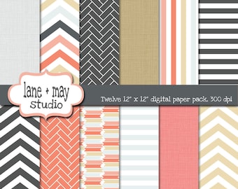 digital scrapbook papers - coral, pink, khaki and gray patterns - INSTANT DOWNLOAD