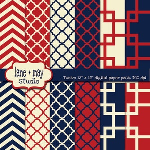 digital papers - red, navy and cream geometric patterns - INSTANT DOWNLOAD