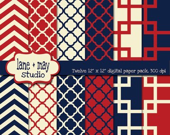 digital papers - red, navy and cream geometric patterns - INSTANT DOWNLOAD