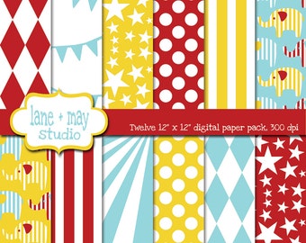 digital scrapbook papers - red, pale blue and yellow circus carnival themed - INSTANT DOWNLOAD