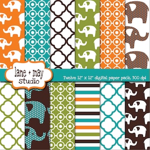 May include: Twelve 12-inch by 12-inch digital paper designs featuring a variety of patterns, including geometric shapes, stripes, and elephants. The papers are in a color palette of brown, orange, teal, green, and white.