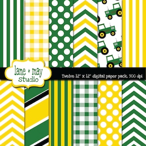 Könnte beinhalten: Zwölf digitale Papierdesigns im Format 30,5 cm x 30,5 cm in Grün, Gelb, Weiß und Schwarz. Die Designs umfassen Streifen, Punkte, Karos und Chevron-Muster. Der Text "lane + may Studio" und "Twelve 12" x 12" digital paper pack, 300 dpi" ist im Bild enthalten.