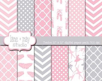 digital scrapbook papers - tutu cute ballerina themed pink and gray - INSTANT DOWNLOAD