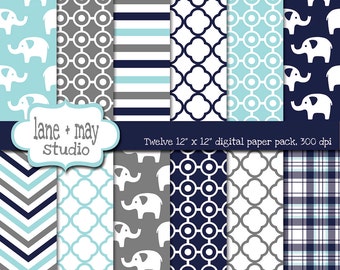 digitale papieren - olifant thema patronen - aqua, Marine blauw en grijs - INSTANT DOWNLOAD