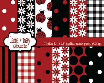 digital scrapbook papers - ladybug patterns in red, black and white - INSTANT DOWNLOAD