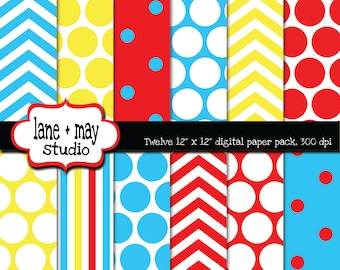 digital papers - red, blue and yellow chevron, polka dot and stripe patterns - INSTANT DOWNLOAD