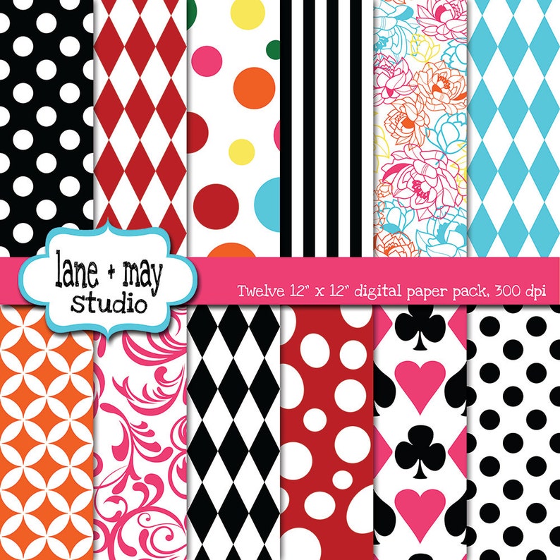 digital scrapbook papers mad hatter tea party theme patterns INSTANT DOWNLOAD image 1