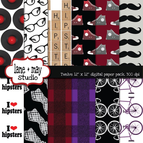 digital papers - hipster theme patterns - red, black and purple - INSTANT DOWNLOAD