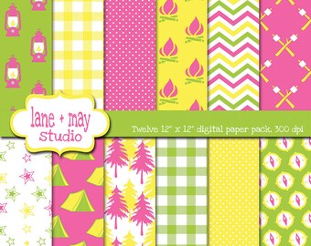 digital scrapbook papers - pink, yellow and green glamping theme patterns - INSTANT DOWNLOAD