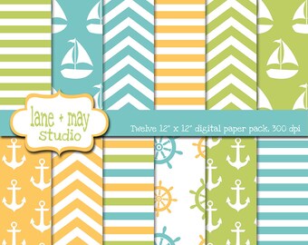 digital scrapbook papers - yellow, green and aqua blue nautical patterns - INSTANT DOWNLOAD