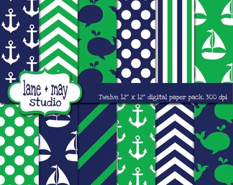 digital papers - navy, white and green nautical / whale patterns - INSTANT DOWNLOAD