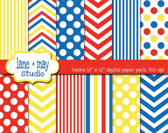 carte scrapbook digitale - primari rosso, giallo e blu chevron, pois e strisce - DOWNLOAD immediato