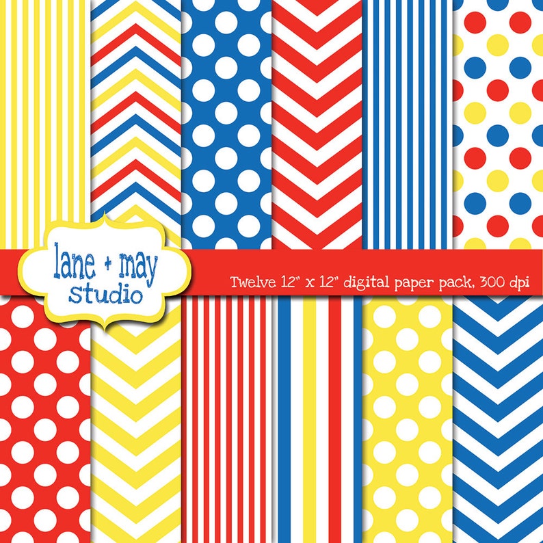 digital scrapbook papers primary red, yellow and blue chevron, polka dots and stripes INSTANT DOWNLOAD image 1