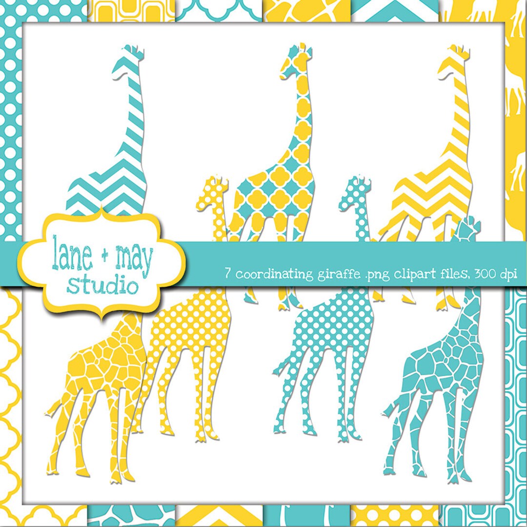 Yellow and Turquoise Giraffe Themed Digital Scrapbook Clipart Etsy