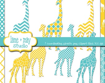 yellow and turquoise giraffe themed digital scrapbook clipart - INSTANT DOWNLOAD