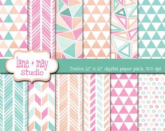 digital scrapbook papers - pink, mint green and peach watercolor geometric tribal patterns - INSTANT DOWNLOAD