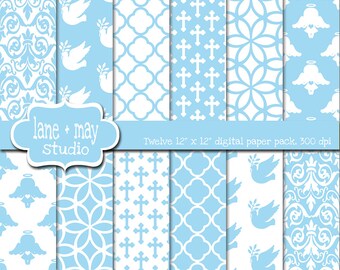 digital scrapbook papers - baby blue baptism patterns - INSTANT DOWNLOAD