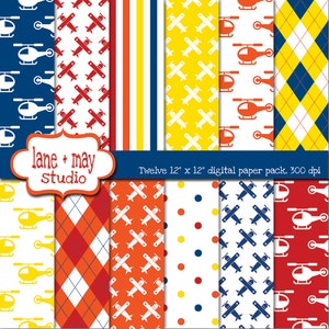 May include: Twelve 12-inch by 12-inch digital paper designs in a red, white, blue, and yellow color scheme. The designs feature airplanes and helicopters.