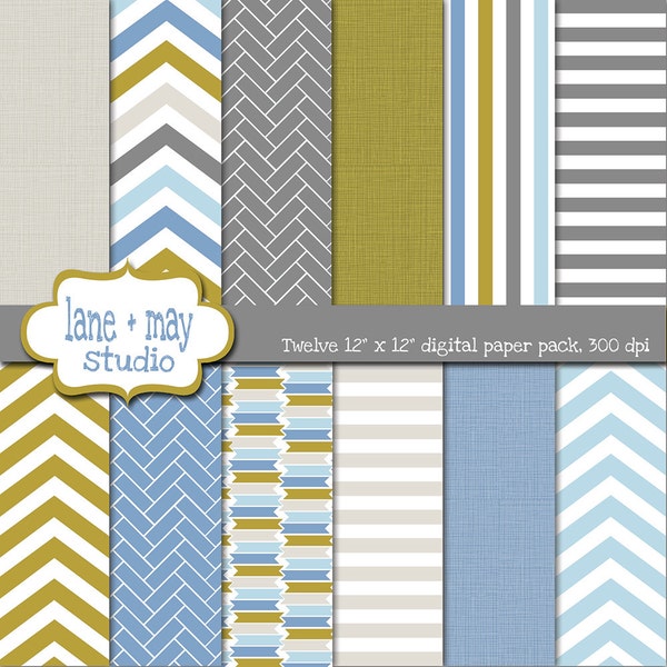 digital scrapbook papers - blue, gray, and olive green patterns - INSTANT DOWNLOAD