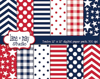 4th of July red, white and blue patterns - digital scrapbook papers - INSTANT DOWNLOAD