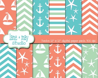 digital scrapbook papers - aqua, sea glass and coral nautical themed - INSTANT DOWNLOAD