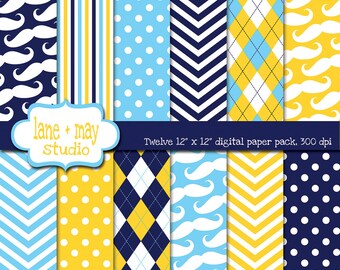 digital papers - little man / mustache theme patterns in navy, blue and yellow - INSTANT DOWNLOAD