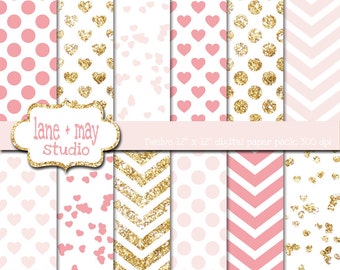 digital scrapbook papers - pale pink, white and glitter gold chevron, hearts, stripes, chevron and confetti patterns - INSTANT DOWNLOAD