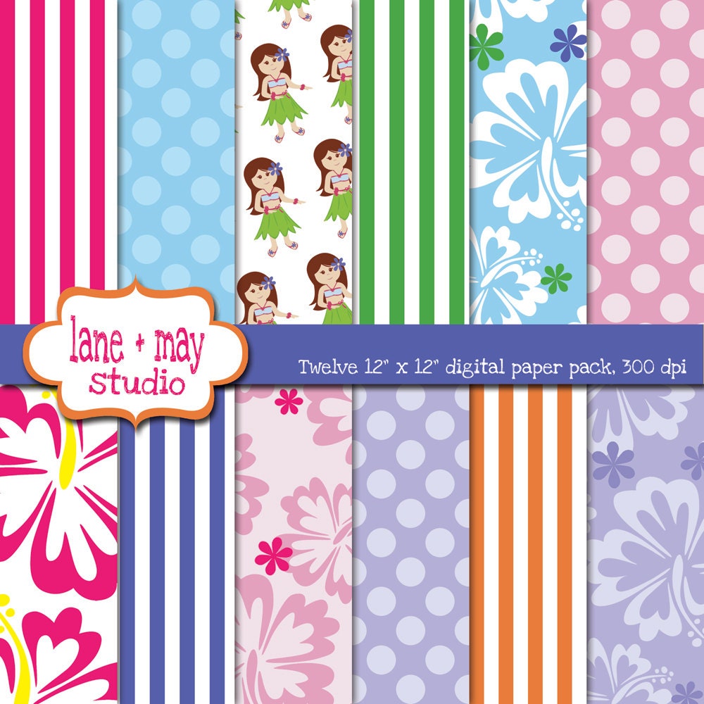 Digital Scrapbook Papers Girl's Luau Party Patterns INSTANT DOWNLOAD Etsy