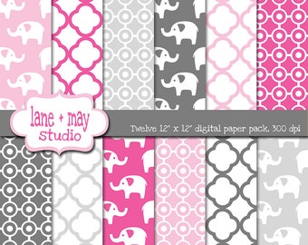digital scrapbook papers - hot pink, light pink and gray elephants - INSTANT DOWNLOAD