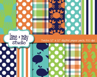 digital scrapbook papers - preppy sea life theme patterns - INSTANT DOWNLOAD
