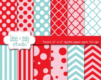 digital papers - red, pink and aqua blue polka dot, quatrefoil, chevron and stripe patterns - INSTANT DOWNLOAD