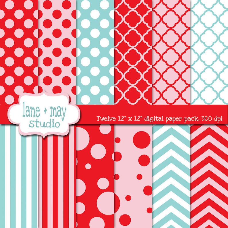 red quatrefoil chevron and stripe patterns digital papers INSTANT DOWNLOAD pink and aqua blue polka dot