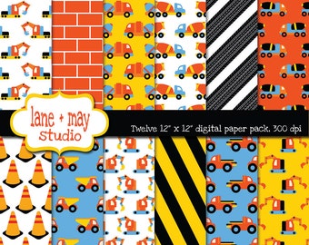 digital scrapbook papers - orange, yellow, blue and black construction vehicle patterns - INSTANT DOWNLOAD