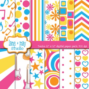 digitale scrapbook papieren - helder en groovy rockstar partij patronen - INSTANT DOWNLOAD