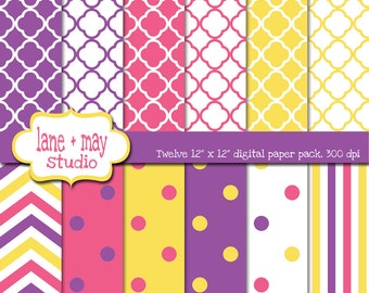 digital papers - pink, purple, and yellow chevron, stripe, quatrefoil and polka dot patterns - INSTANT DOWNLOAD