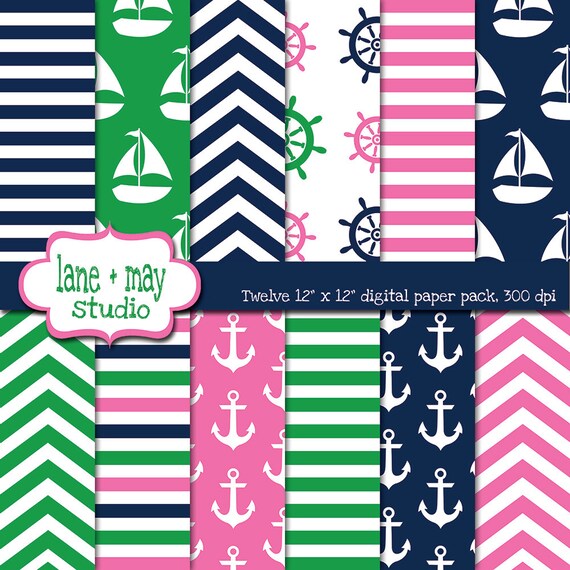 digital scrapbook papers - pink, kelly green and navy blue nautical patterns - INSTANT DOWNLOAD