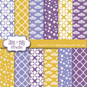 May include: Twelve 12" x 12" digital paper pack, 300 dpi.  The pack includes a variety of patterns in purple and yellow with white accents.  The patterns include crowns, polka dots, and geometric designs.