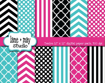 digital scrapbook papers - hot pink, black and aqua chevron, quatrefoil, stripe and polka dot patterns - INSTANT DOWNLOAD