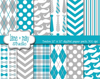 papeles de scrapbook digital - brillantes azul y gris poco hombre / patrones de tema bigote - descarga instantánea