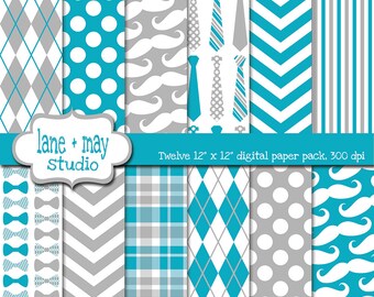 digital scrapbook papers - bright blue and gray little man / mustache theme patterns - INSTANT DOWNLOAD