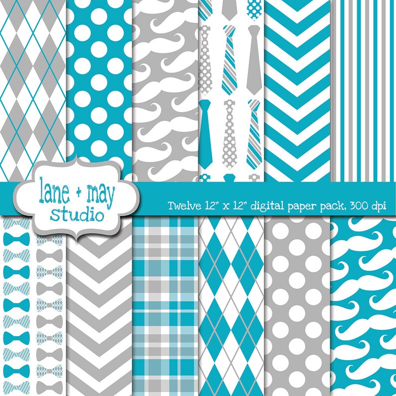 Digital Scrapbook Papers - Bright Blue and Gray Little Man / Mustache ...