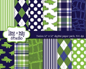 digital scrapbook papers - navy blue and green preppy alligator theme - INSTANT DOWNLOAD