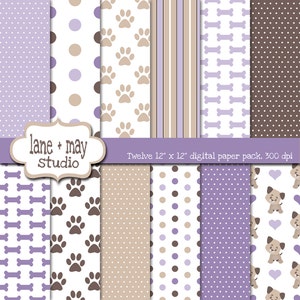 May include: Twelve 12-inch by 12-inch digital paper designs in a purple, brown, and white color scheme. The designs include paw prints, bones, polka dots, and stripes. The text "lane + may Studio" is included in the image.