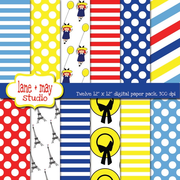 red, yellow and blue madeline theme digital scrapbook papers - polka dots and stripes - INSTANT DOWNLOAD