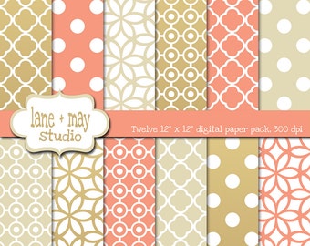 coral, cream and gold polka dots and quatrefoil digital scrapbook papers - INSTANT DOWNLOAD