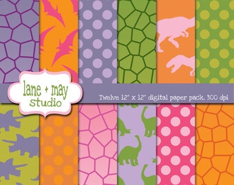 digital scrapbook papers - pink, purple, orange and green girly dinosaur theme patterns - INSTANT DOWNLOAD