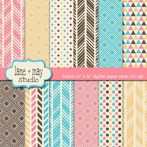 digital scrapbook papers - pink, turquoise blue, yellow and brown tribal geometric patterned - INSTANT DOWNLOAD
