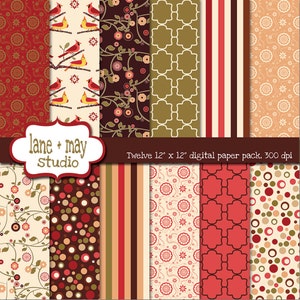 digital scrapbook papers - red and green flower and bird patterns - INSTANT DOWNLOAD